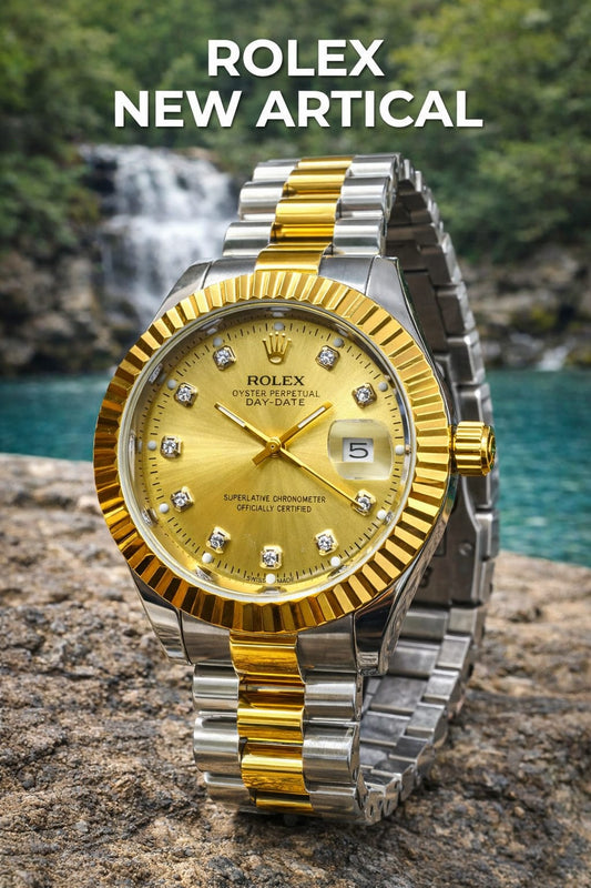 Premium Two-Tone Metal Analog Quartz Watch with Date Display – Golden, Black & Green Dial Options